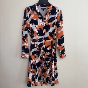 Banana Republic Shirt Dress Size 0 Orange Navy Abstract Print Tie Waist